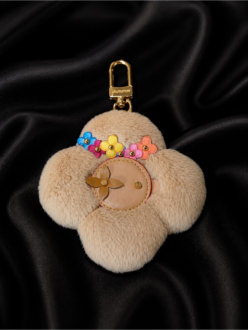 Luxury Beige Floral Fur Key & Card Holder Charm with Gold Hardware